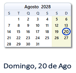 20 Agosto 2028 calendario