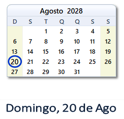 20 Agosto 2028 calendario