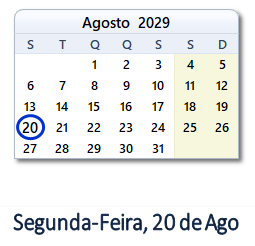 20 Agosto 2029 calendario