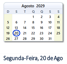 20 Agosto 2029 calendario