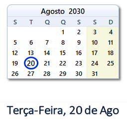 20 Agosto 2030 calendario