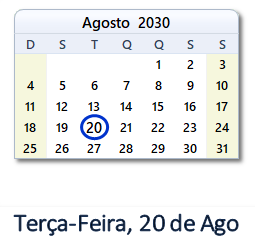 20 Agosto 2030 calendario