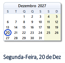 20 Dezembro 2027 calendario