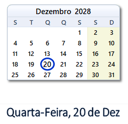 20 Dezembro 2028 calendario
