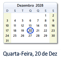 20 Dezembro 2028 calendario