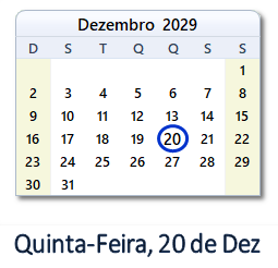 20 Dezembro 2029 calendario