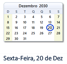 20 Dezembro 2030 calendario