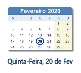 20 Fevereiro 2020 calendario
