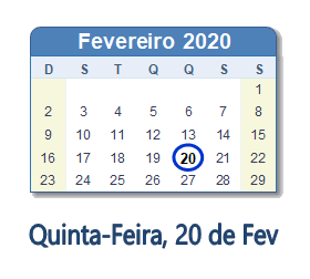 20 Fevereiro 2020 calendario