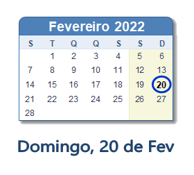 20 Fevereiro 2022 calendario