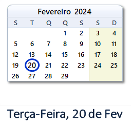 20 Fevereiro 2024 calendario