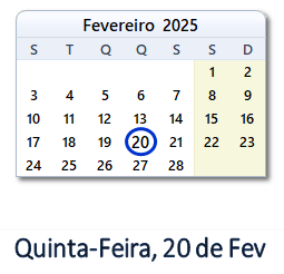20 Fevereiro 2025 calendario