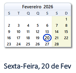 20 Fevereiro 2026 calendario