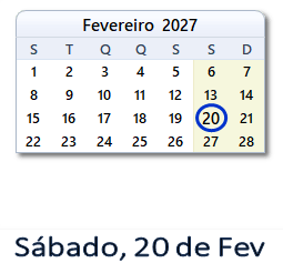 20 Fevereiro 2027 calendario