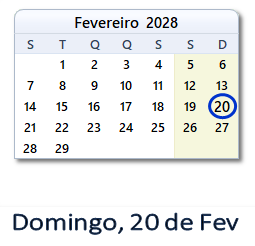 20 Fevereiro 2028 calendario