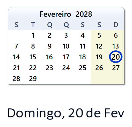 20 de Fev, 2028 Calendário com Feriados e Cont. Regressiva - POR