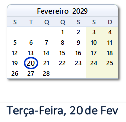 20 Fevereiro 2029 calendario