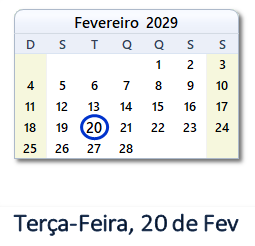 20 Fevereiro 2029 calendario