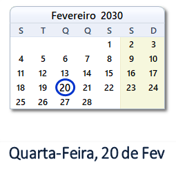 20 Fevereiro 2030 calendario