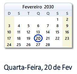 20 Fevereiro 2030 calendario