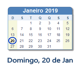 20 Janeiro 2019 calendario