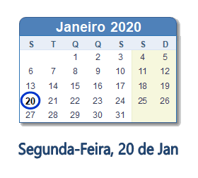 20 Janeiro 2020 calendario
