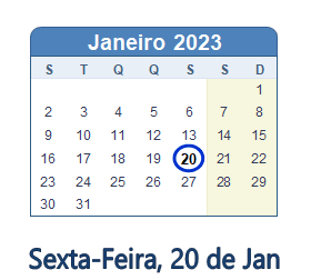 20 Janeiro 2023 calendario