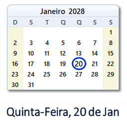 20 Janeiro 2028 calendario