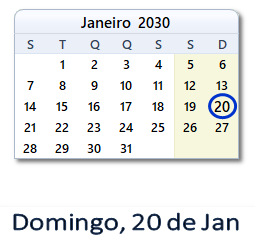 20 Janeiro 2030 calendario
