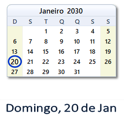 20 Janeiro 2030 calendario