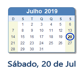 20 Julho 2019 calendario