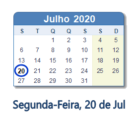 20 Julho 2020 calendario