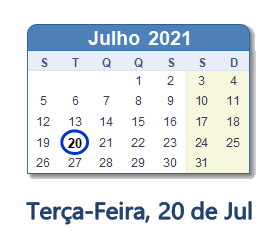 20 Julho 2021 calendario