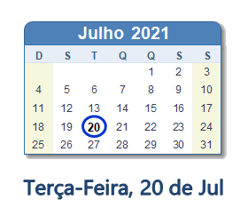 20 Julho 2021 calendario