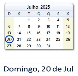 20 Julho 2025 calendario