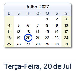 20 Julho 2027 calendario
