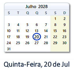 20 Julho 2028 calendario