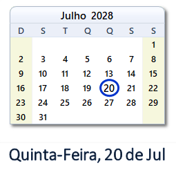 20 Julho 2028 calendario