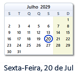 20 Julho 2029 calendario