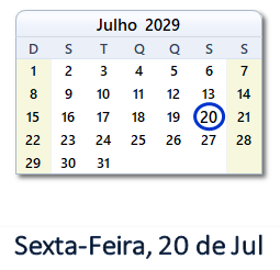 20 Julho 2029 calendario