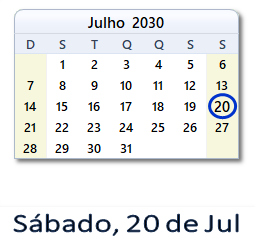 20 Julho 2030 calendario