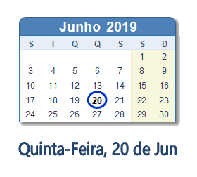 20 Junho 2019 calendario