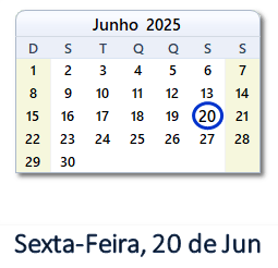 20 Junho 2025 calendario
