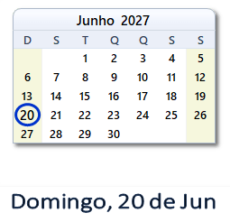 20 Junho 2027 calendario