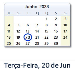 20 Junho 2028 calendario