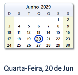 20 Junho 2029 calendario