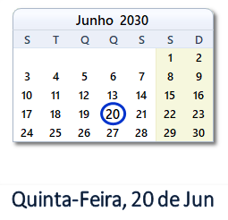 20 Junho 2030 calendario