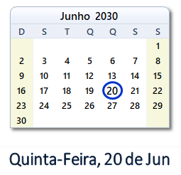20 Junho 2030 calendario