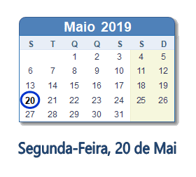 20 Maio 2019 calendario