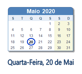 20 Maio 2020 calendario
